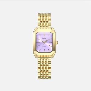 Clarine De Mains Gold 14k Gold Stainless Steel Rectangle Watch with Pink Face